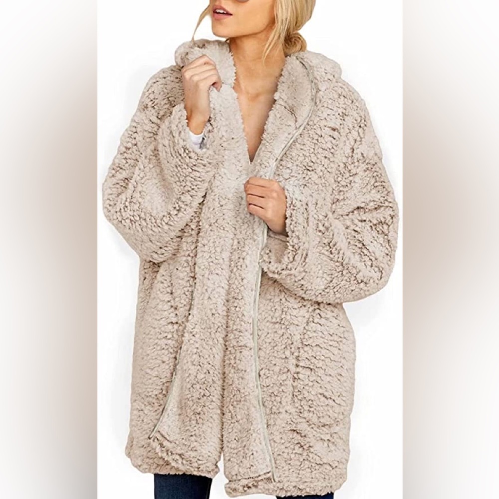 New Womens Winter Long Sleeve Fuzzy Fleece Open Front Hooded Jacket - Picture 1 of 1